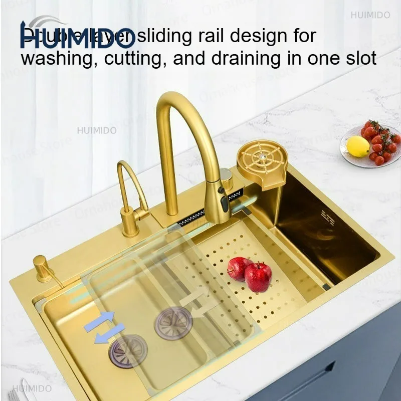 Multi-Functional Luxury Double Bowl Gold Sink Stainless Steel Large Single Sink Household Kitchen Dish Sink Washing Vegetables