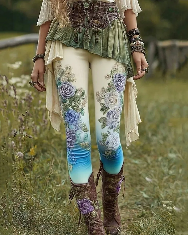 Pantalones de mujer Leggings con estampado de flores Leggings acogedores Casual Boho Longitud completa Cintura elástica Vacaciones en la calle Ropa diaria