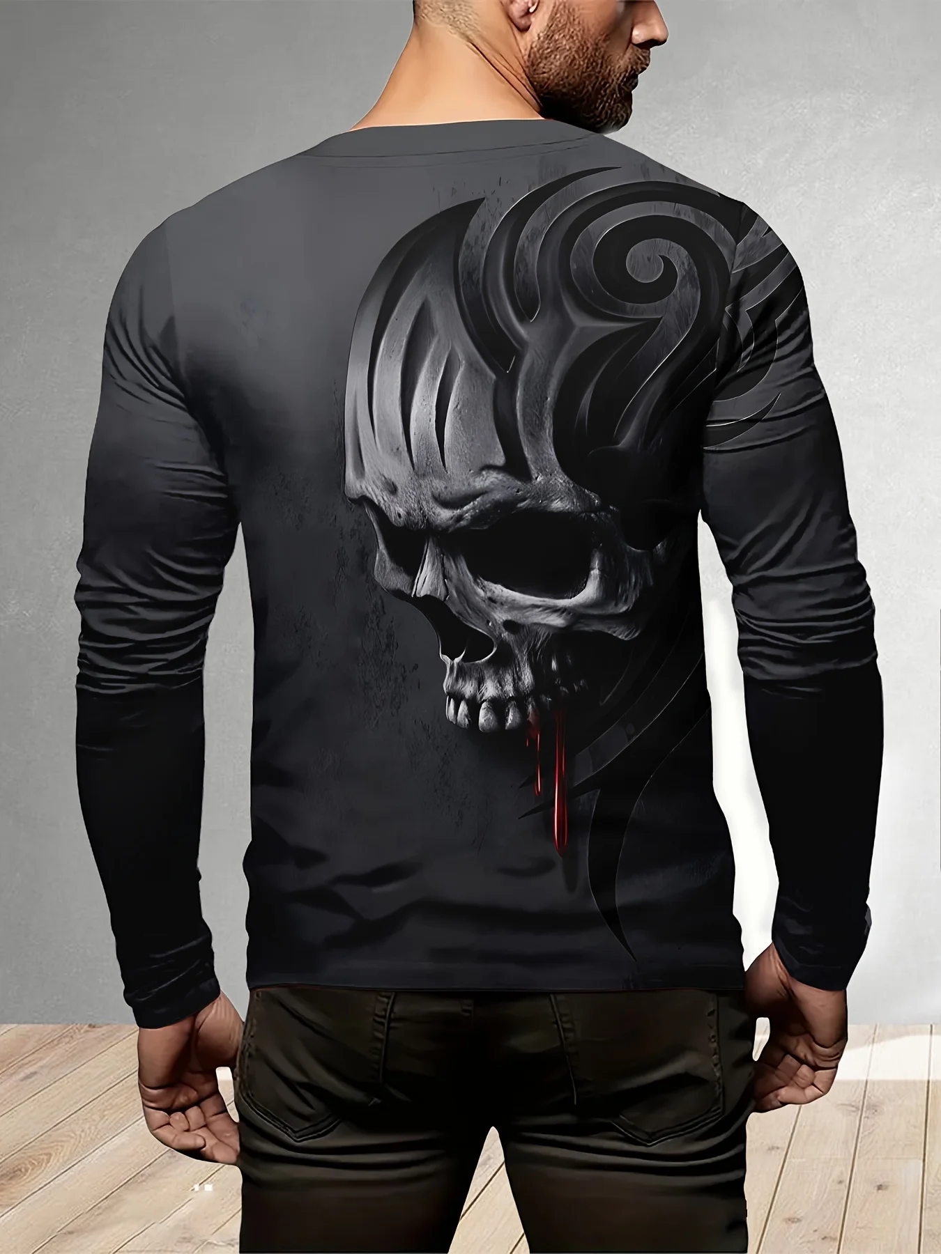 

Men's Midnight Ritual Tee Gothic 3D Skull Print Red Accent Halloween Costume Comfort​