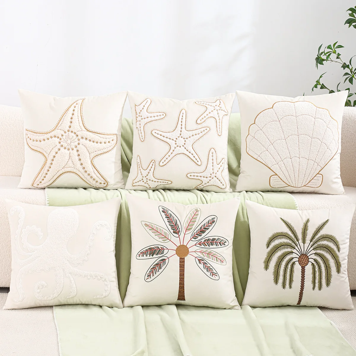 Ocean Beach Embroidered Cushion Case 45x45cm Cream Velvet With Palm Tree Starfish Shell Pillow Cover for Home Decor Sofa Bed
