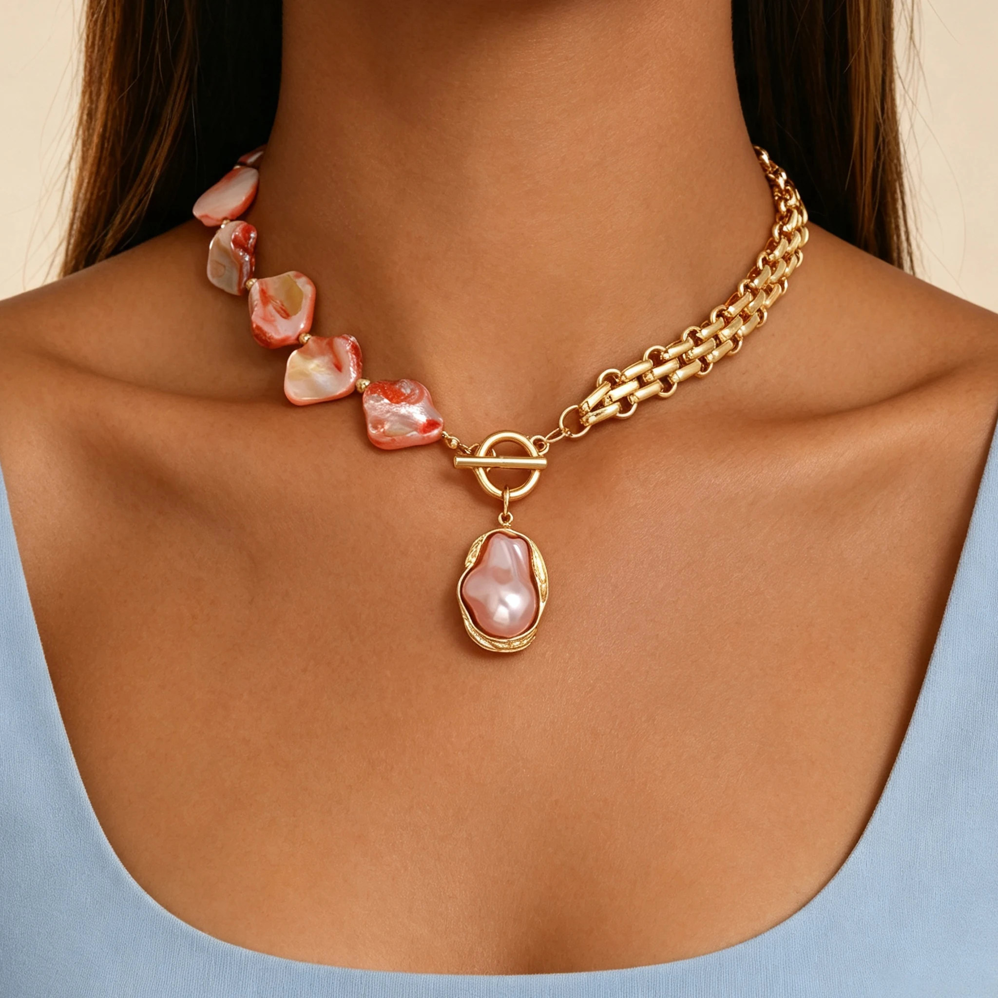 Toggle Clasp Gold - Gold Toggle‑Clasp Choker Necklace Irregular Pink