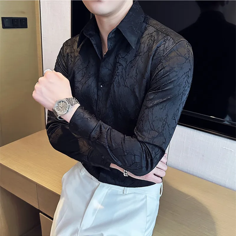 Men Spring High Quality Jacquard Design Casual Long-sleeved Shirts/Male Slim Fit Lapel High Quality Business Shirt Homme