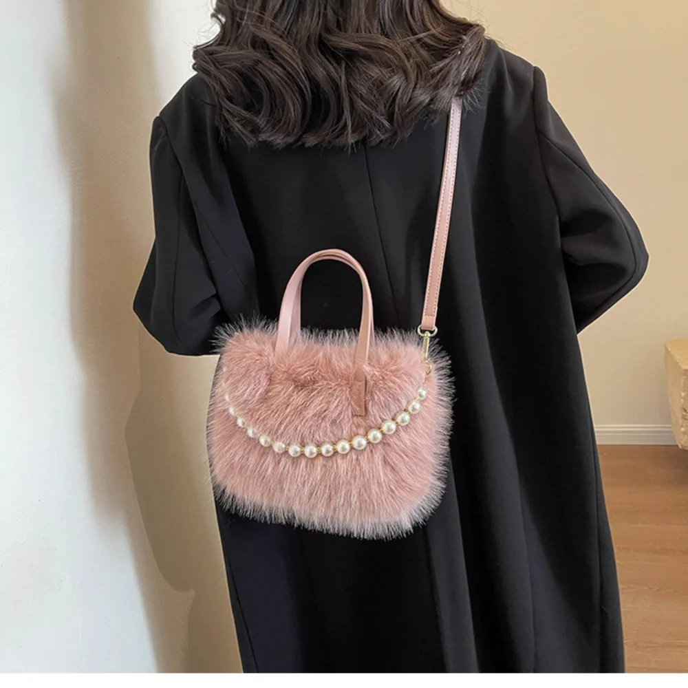 New Hairy Handbag Pearl Chain Plush Small Square Bag Women Fashion Elegant Shoulder Crossbody Bag Autumn Winter Versatile Totes