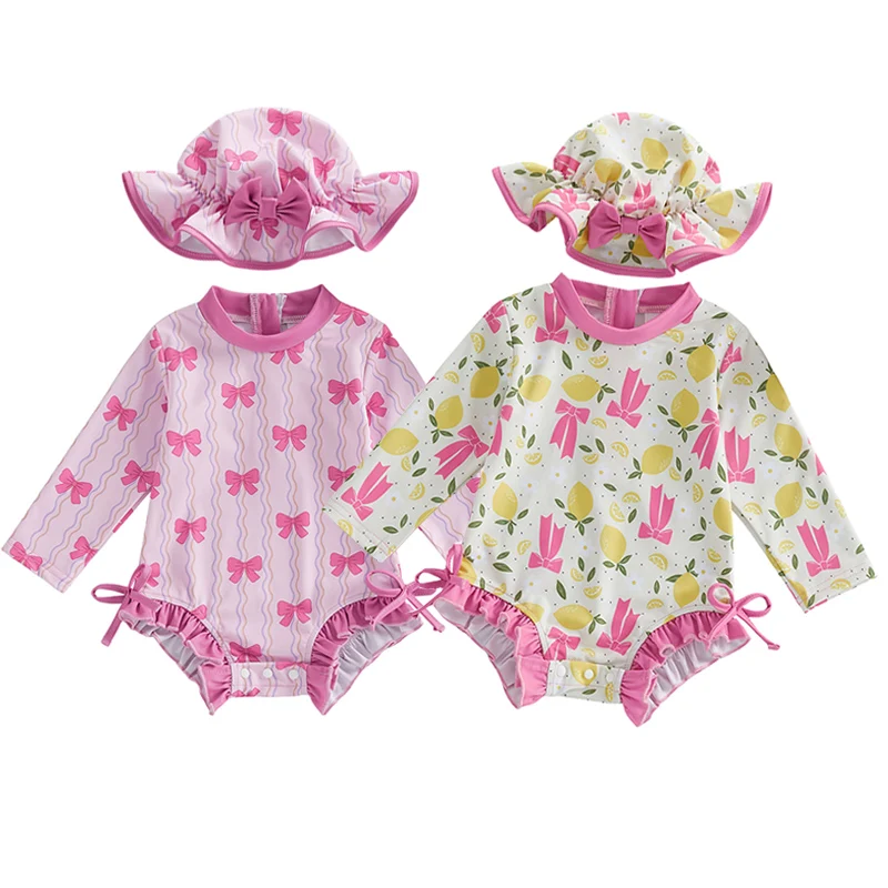 Tregren 3-24M Infant Baby Girls Long Sleeve Rash Guard Swimsuit,Bow Print Swimwear with Hat 2pcs Set Summer Beach Bathing Suit