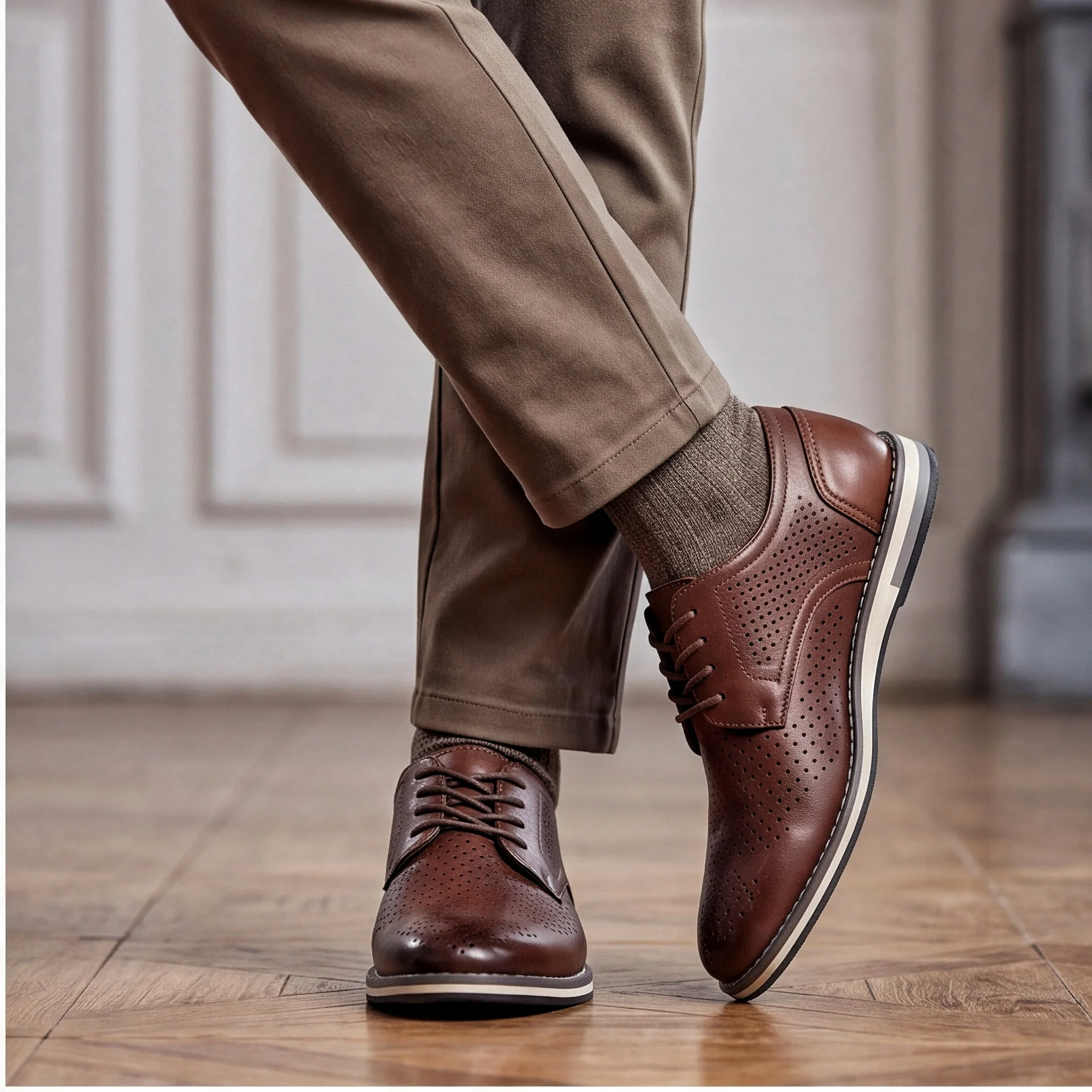 Braune atmungsaktive Herren-Freizeitschuhe, flache Schuhe mit Lochmuster, Herren-Sommerschuhe – Detail 6