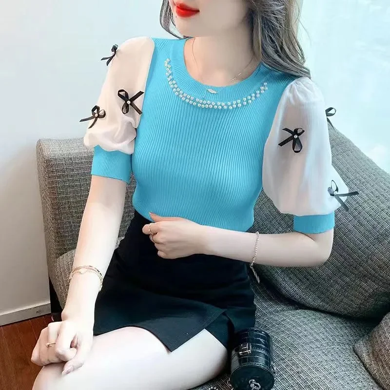 

2024 Summer New Round Neck Fashion T-Shirt Short Sleeve Female Bow Thin Sweater Slim Short Half Sleeve