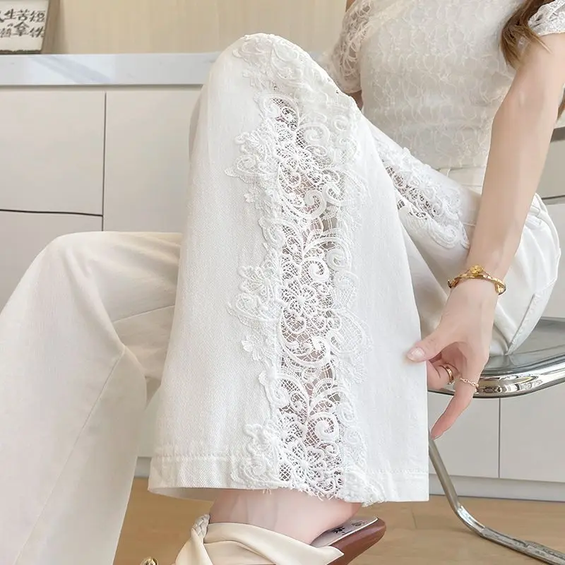 High Waist Summer Lace Patchwork Hollow Out Jeans Fashion Elegant Solid Wide Leg Jeans Women All Match Casual Loose Denim Pants