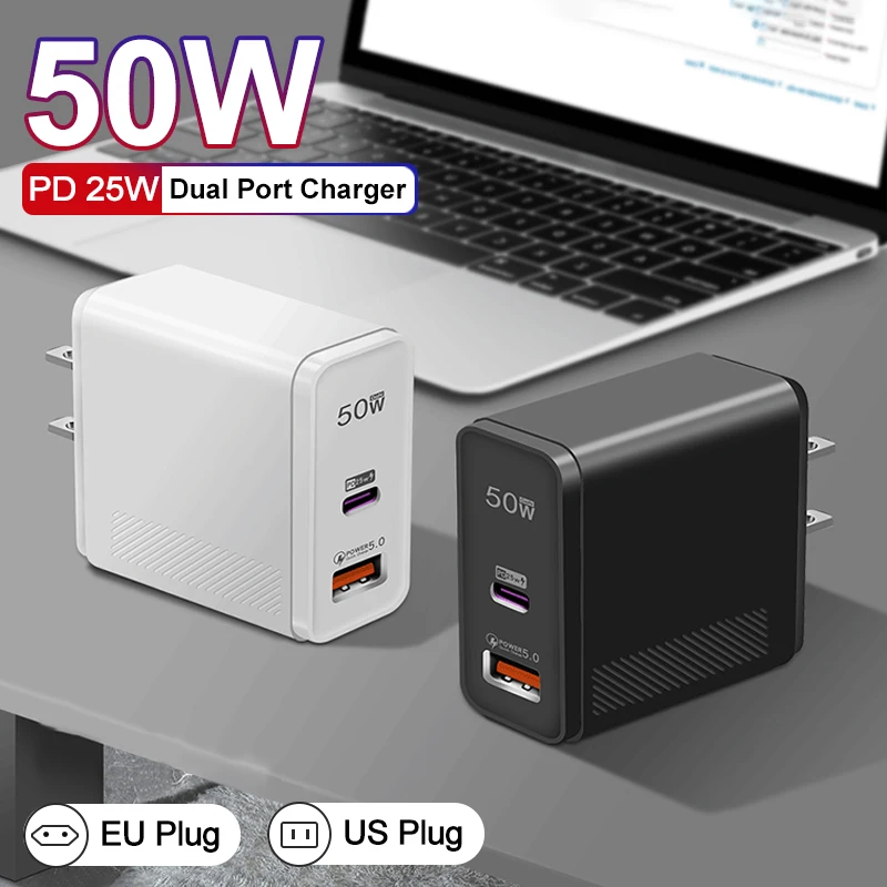 

50W Dual Port USB A TYPE C Super Fast Charger For Samsung Xiaomi Huawei iPhone Oneplus OPPO VIVO PD QC Fast Charging