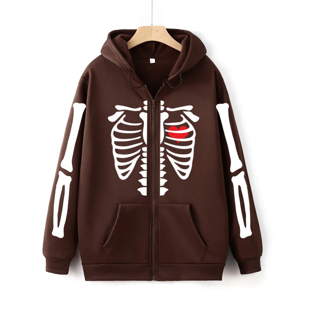 Vintage Skeleton Print Zipper Sweatshirt Y2K Gothic Bone Graphic Unisex Zip Up Hoodie Autumn Streetwear Harajuku Women Zip Hoody