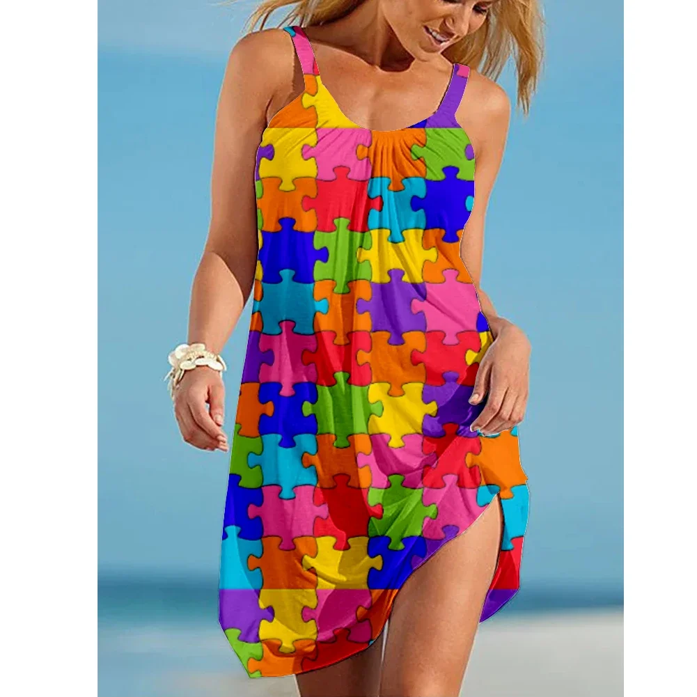 

Women's Knee Length Dress Summer Sleeveless Women's Large Knee Stitched Painted Dress Fashion Casual Party Evening Dress