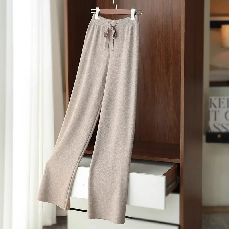 

High Waist Wool Wide Leg Pant Women Autumn Winter Cashmere Knitted Floor Joggers Women Casual Long Straight Womens Clothes