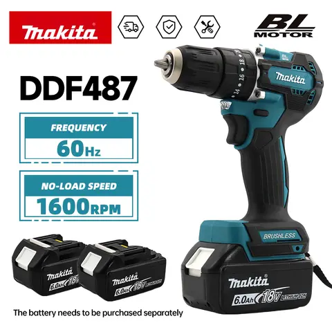 Makita DDF487 1600rpm 전기 드릴 18V 배터리 다기능 브러시리스 가변 속도 스크루 드라이버 강력한 전력 모터 도구