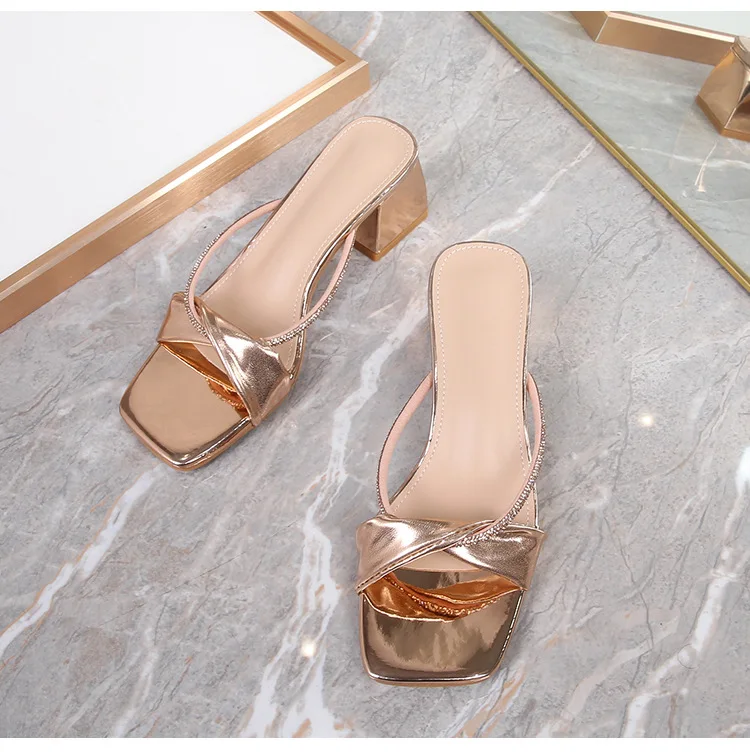 

Bohemian new fashion rhinestone slippers Korean style thick-soled high-heeled women's shoes