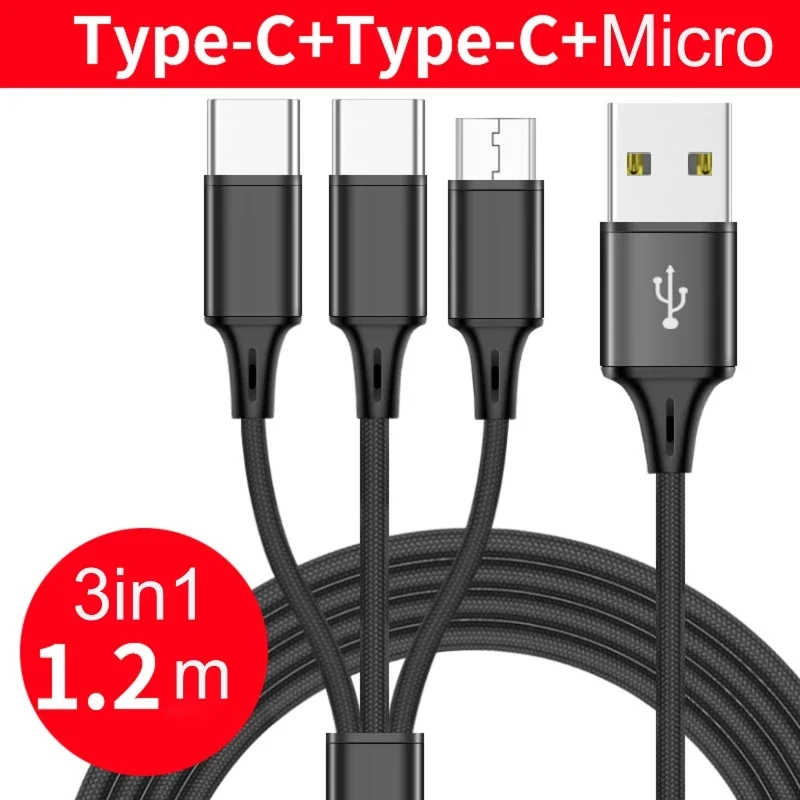 120cm/200cm USB Charging Cable For Micro USB & Type-C Devices 3 In 1 Cord For Phone Tablet