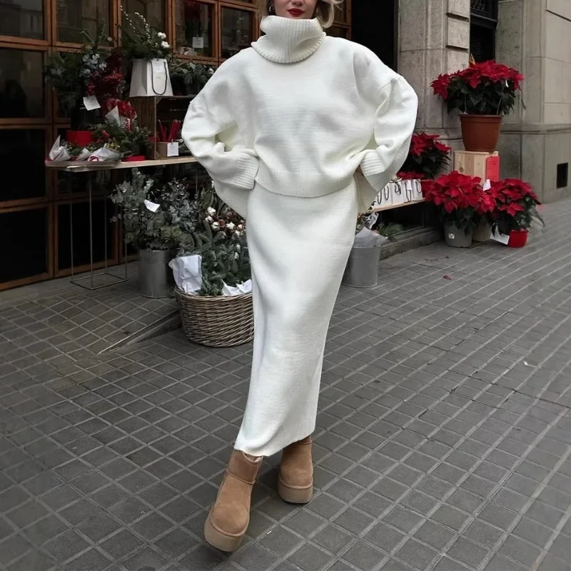 Set gonna maglione dolcevita lavorato a maglia da donna Autunno Inverno Abito caldo da donna casual in 2 pezzi tinta unita allentato