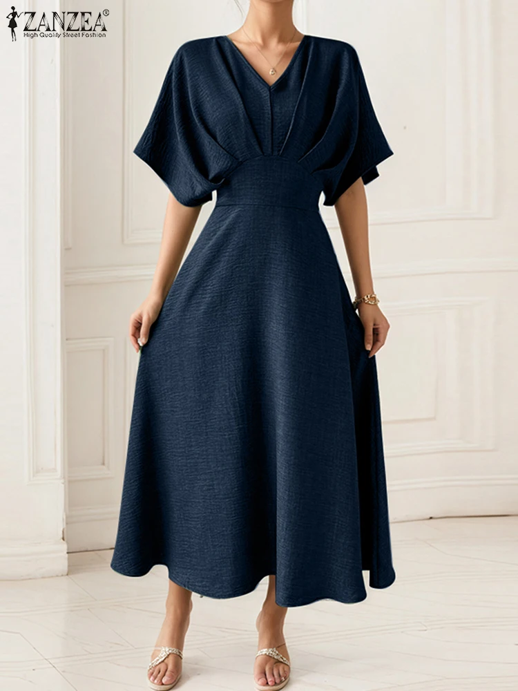 Zanzea vestido de escritório feminino verão vestido de verão meia manga morcego vintage festa robes 2025 sólido casual decote em v vestidos plissados