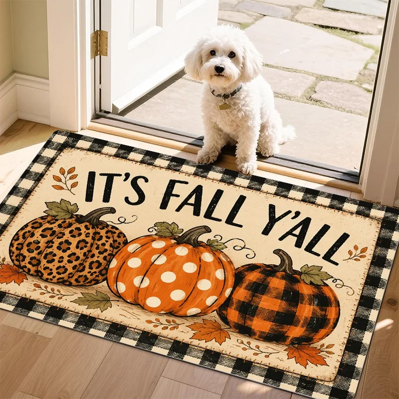 Rustic Autumn Pumpkin Doormat Buffalo Check Bow Border Fall Foliage Pattern Floor Rug Harvest Decor Mat for House Entryway