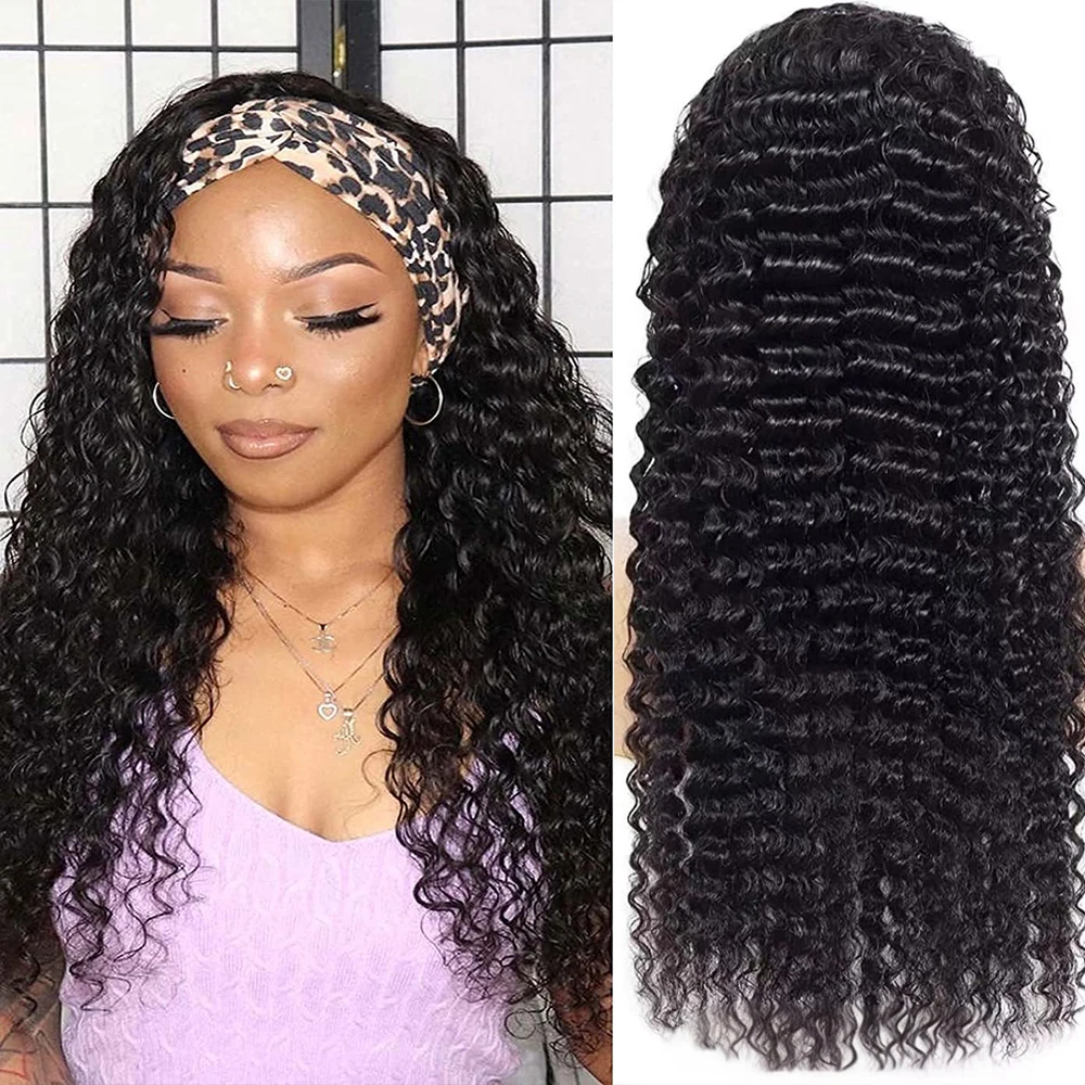 40 Inch Headband Wig Human Hair Deep Wave Glueless None Lace Front Wigs for Black Women 250% Density Wet and Wavy Headband Wig Curly Wave Curly Long Headband Wig Natural Color - view 2