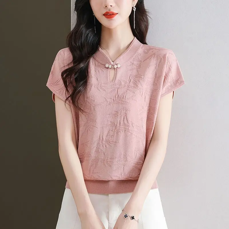 Chinese Style Stand Collar Fashion Short Sleeved T-shirt Women's Solid Jacquard Patchwork Embroidery Hollow Out Button Thin Tops