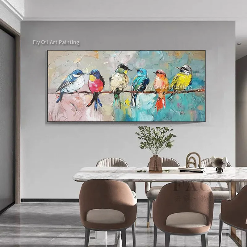 Large Colorful Brids Stand On Telegraph Pole Thick Oil Painting Handmade Green Beige Canvas Wall Art Modern Home Decor For Room