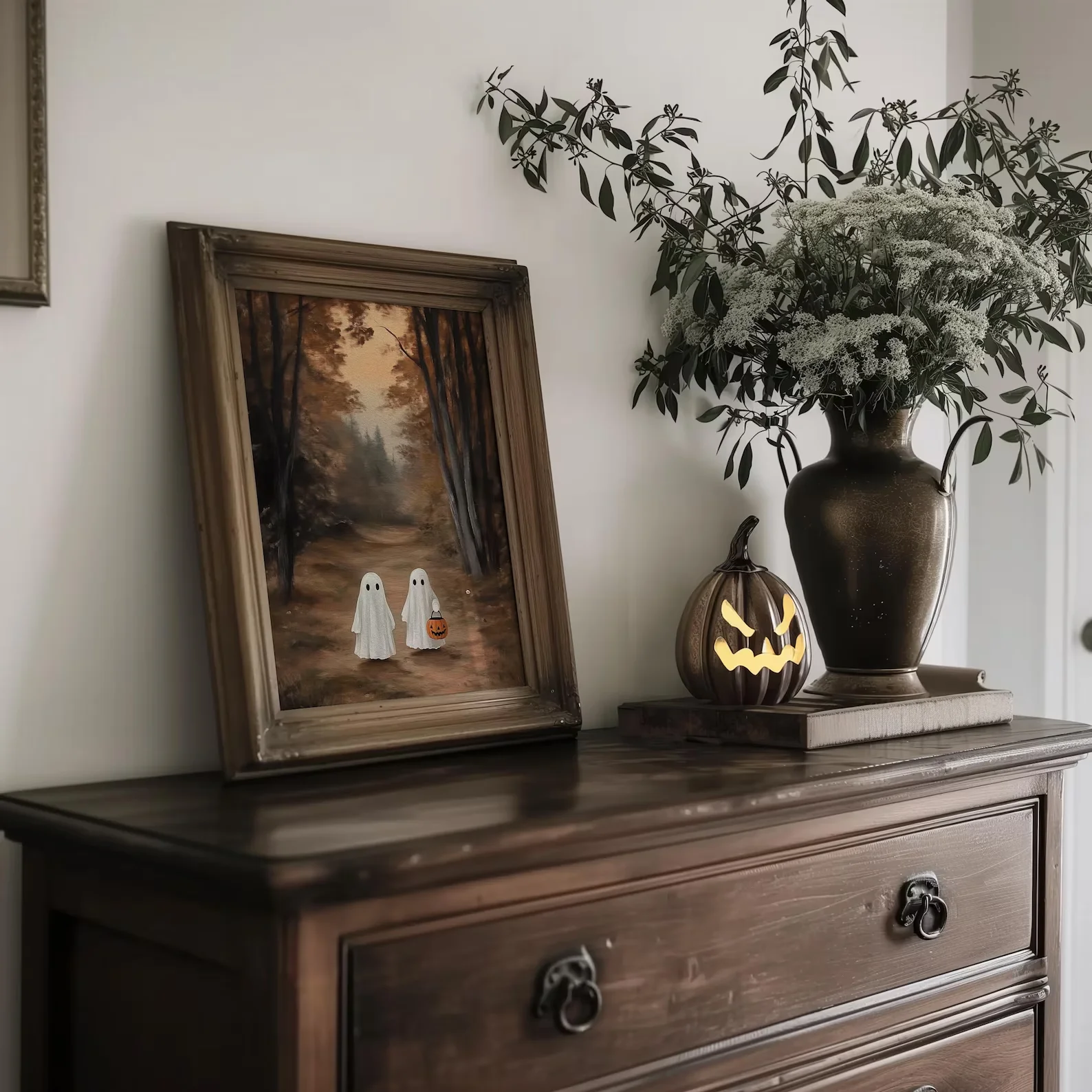 Ghosts in Autumn Landscape | Halloween PRINTABLE Wall Art | Fall Landscape Decor | Ghost Oil Painting Print | Spooky Digita