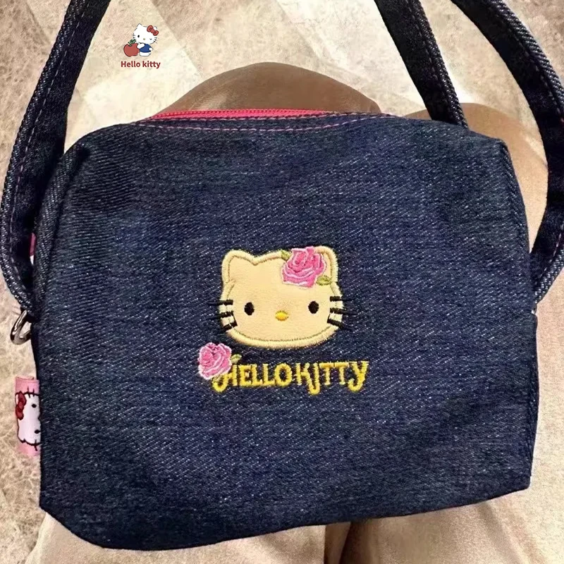 Kawaii Sanrio Hello Kitty Y2K haftowana kowbojska torba urocza niebieskie w stylu Retro mała torebka modna torba na zamek błyskawiczny damska o