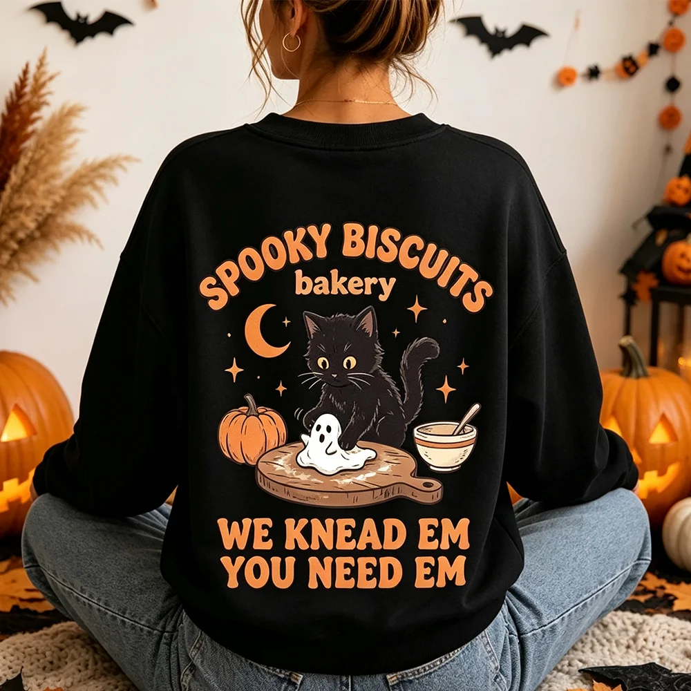 Spooky Biscuits Bakery Sweatshirt Halloween Black Cat Baking Ghost Cookie Cat Lover Gift Men Women Long Sleeve Crewneck Pullover