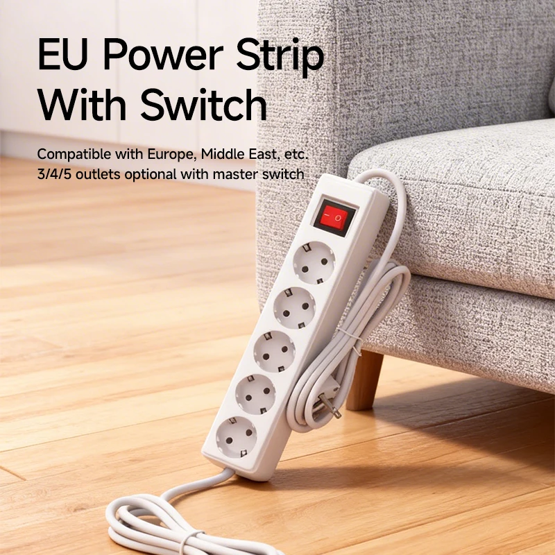 Schuko Power Strip with Switch 3/4/5 Outlets Black/White CE Certified European Plug for Middle East Region