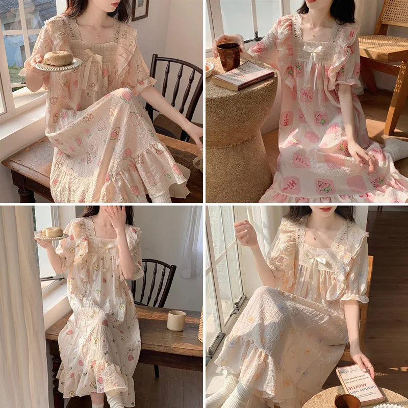 Nightgown Short-sleeved Summer Dress Loose Cute Kawaii Women Clothing Homewear Dresses Printed New Fashion Casual  Comfortable