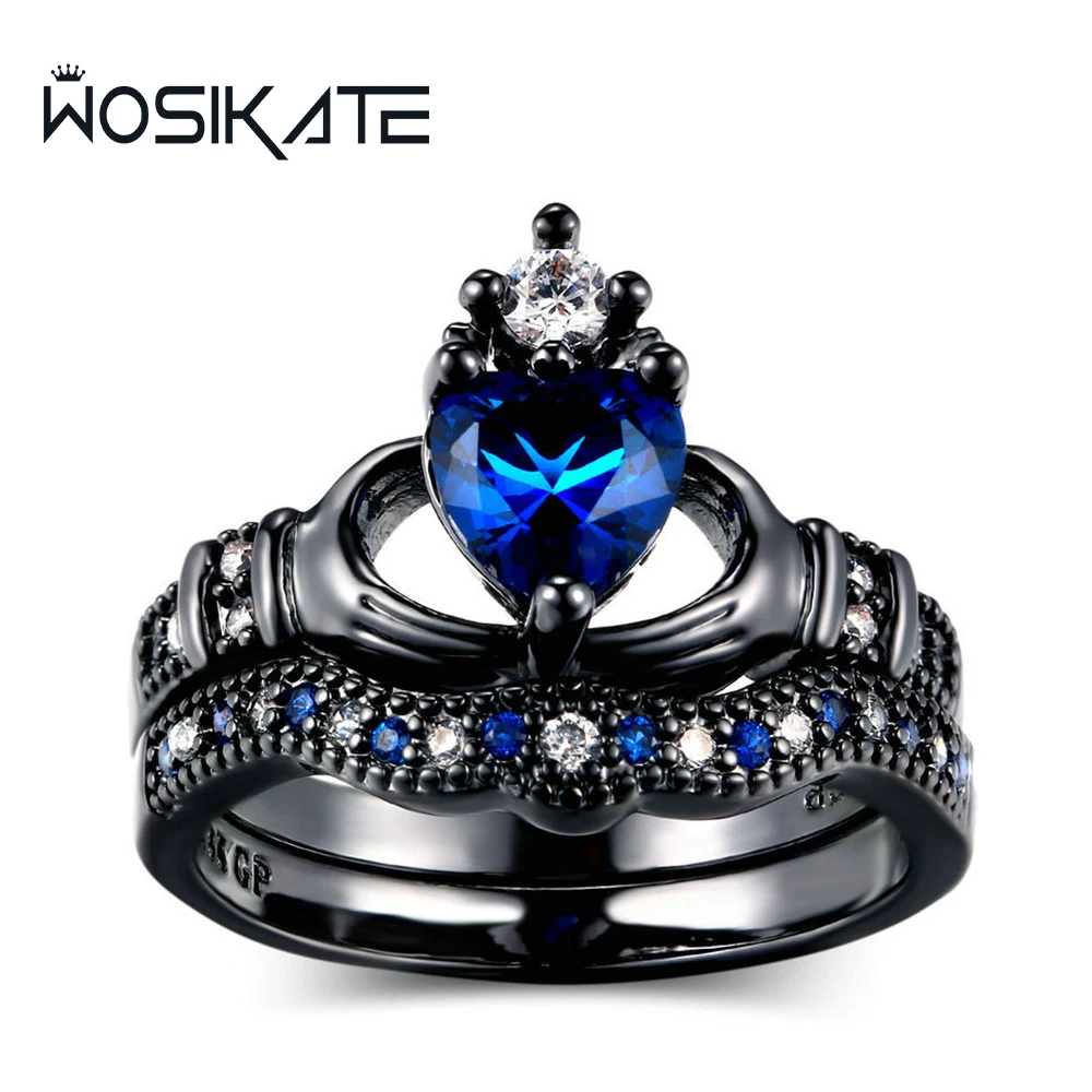 

WOSIKATE New Hand Held Sapphire Heart Shaped Crown Ring For Women Black Gold Double Set Ring Fashion Jewellery Wholesale