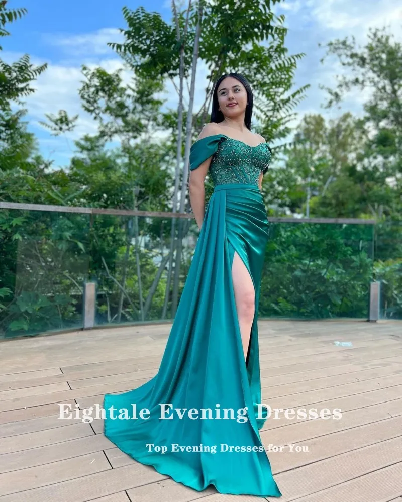 Eightale Green Evening Dresses Off the Shoulder Side Slit Appliques Formal Mermaid Prom Wedding Party Gowns Satin Abendkleid