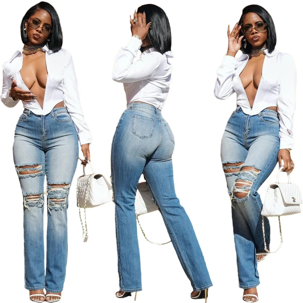 Hot Sale Woman Light Blue Ripped Jeans Fashion High Waist Skinny Denim Jeans Stretch Slim Fit Pencil Pants S-2XL