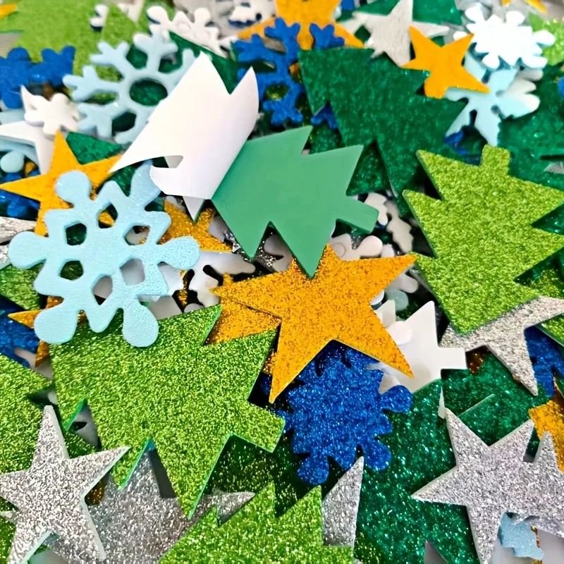 150/300pcs Self-Adhesive Glitter Foam Stickers for Christmas , Snowflakes & Pine Trees, No Residue, Vibrant Colors for Windows