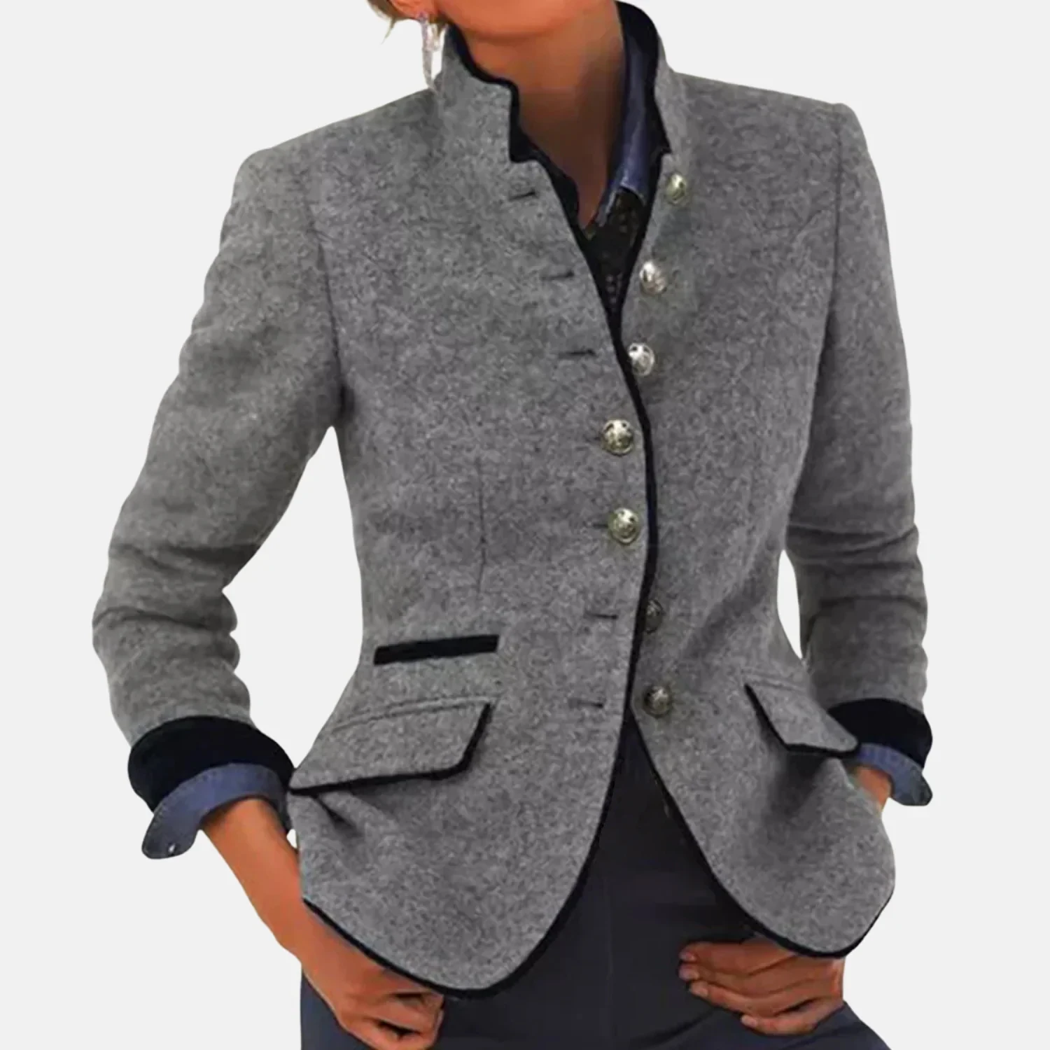 

Autumn Women's Blazer Coat with Pockets Mandarin Collar Buttons Elegant Long Sleeve Casual Woolen Jacket