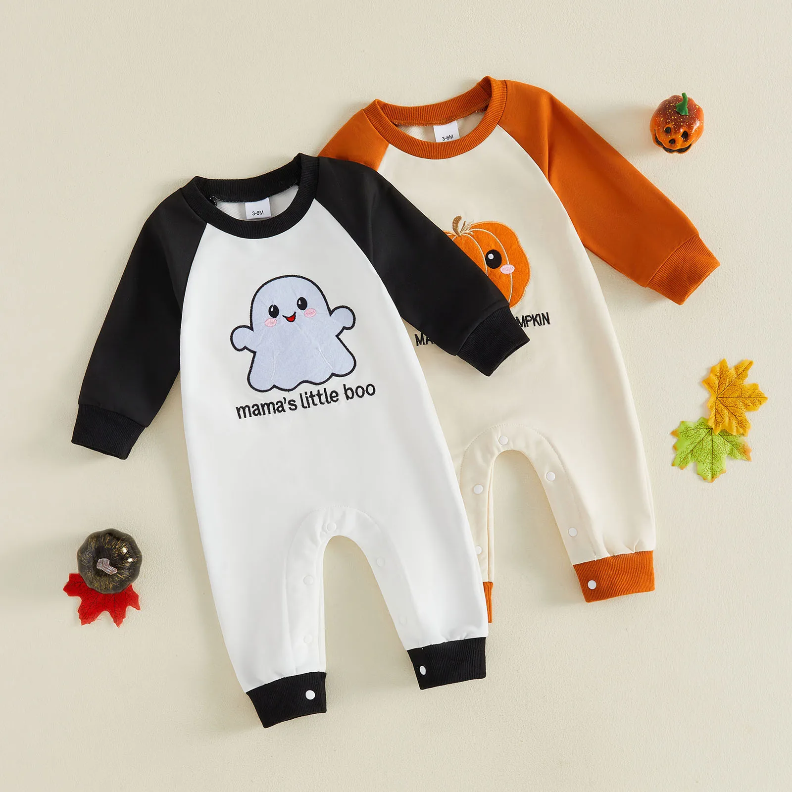 Baby Boys Halloween Romper Adorable Pumpkin/Ghost Embroidery Long Sleeve Round Neck Jumpsuit Sweatshirt Playsuits