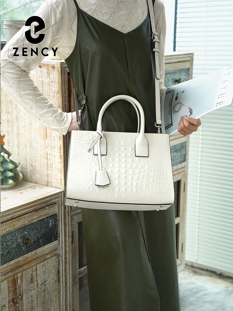 Zency Stylish OL Large Tote Handbag for Women Genuine Leather Cowhide Shoulder Bag Top Handle Trendy Fashion Crossbody