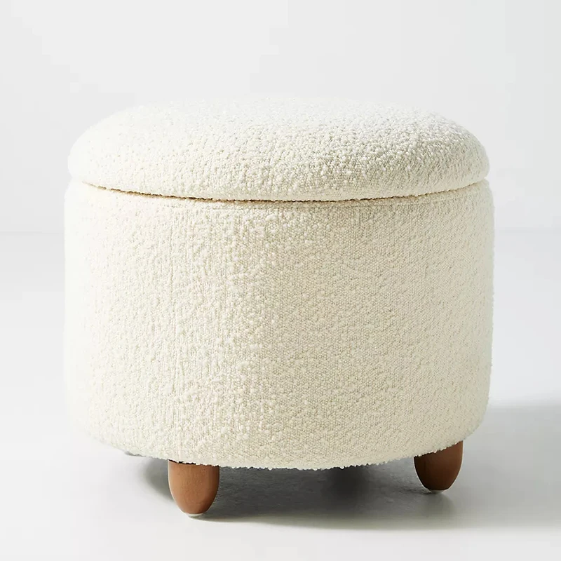 Nordic Simple Customized Fabric Wooden Base Round Foot Stool Living Room Sofa Stool Storable Pouf Ottoman Bedroom Makeup Stool
