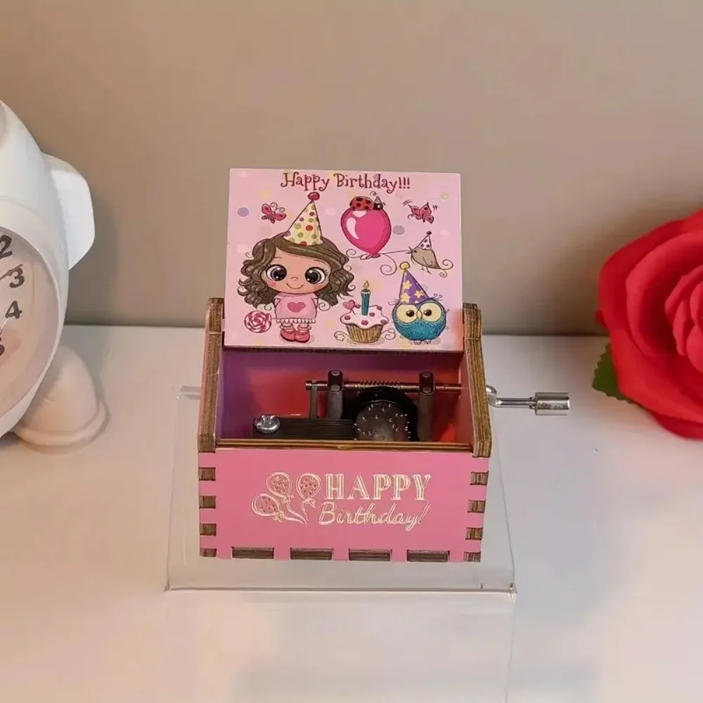 New Happy Birthday Wooden Music Box Classical Hand Crank Carved Musical Box Pink Light Luxury Music Gifts Birthday Gifts