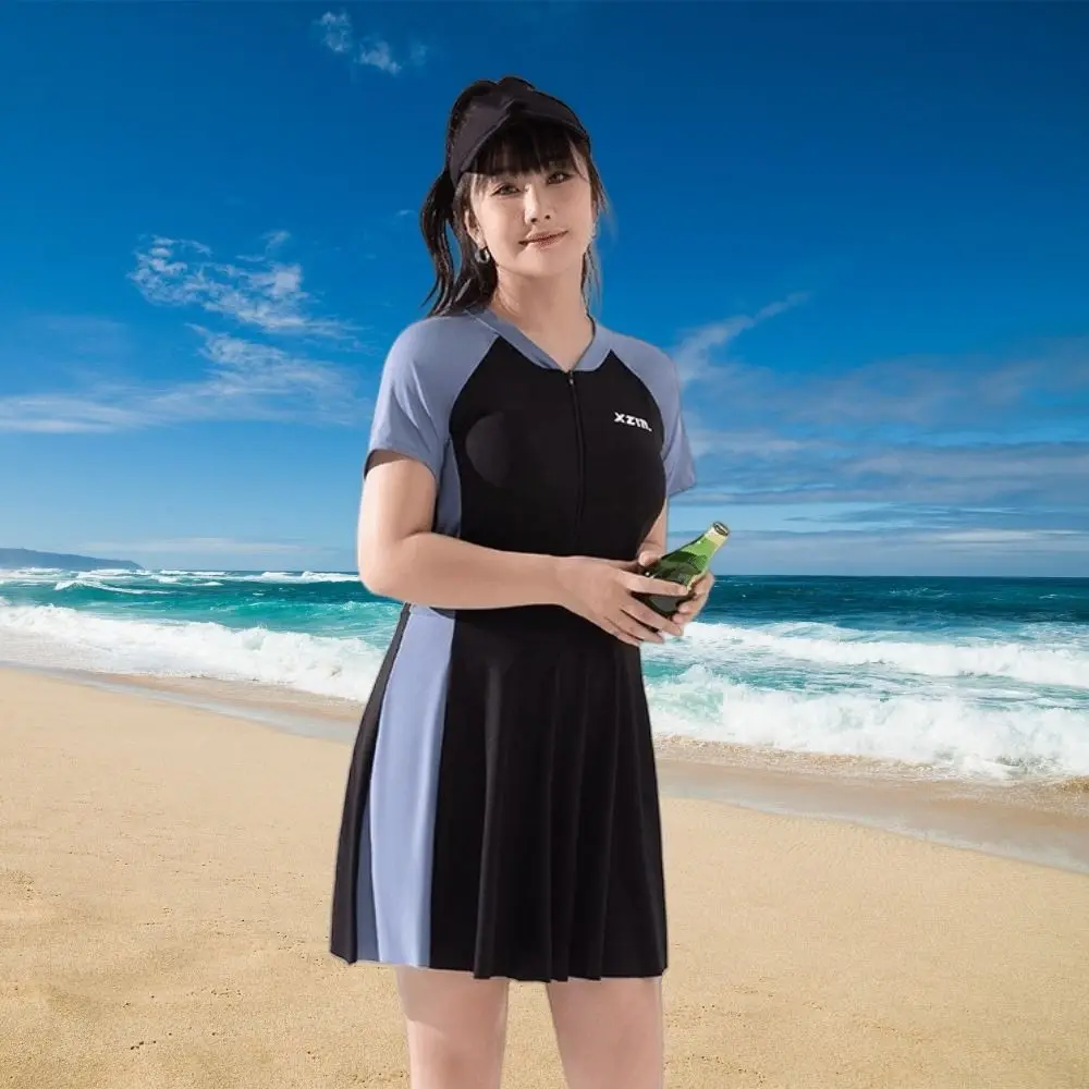 Beachwear Badpak met korte mouwen Zonwering Losse bikini Dames Badpak Beachwear Kleding Blauw Groen Badmode Rok