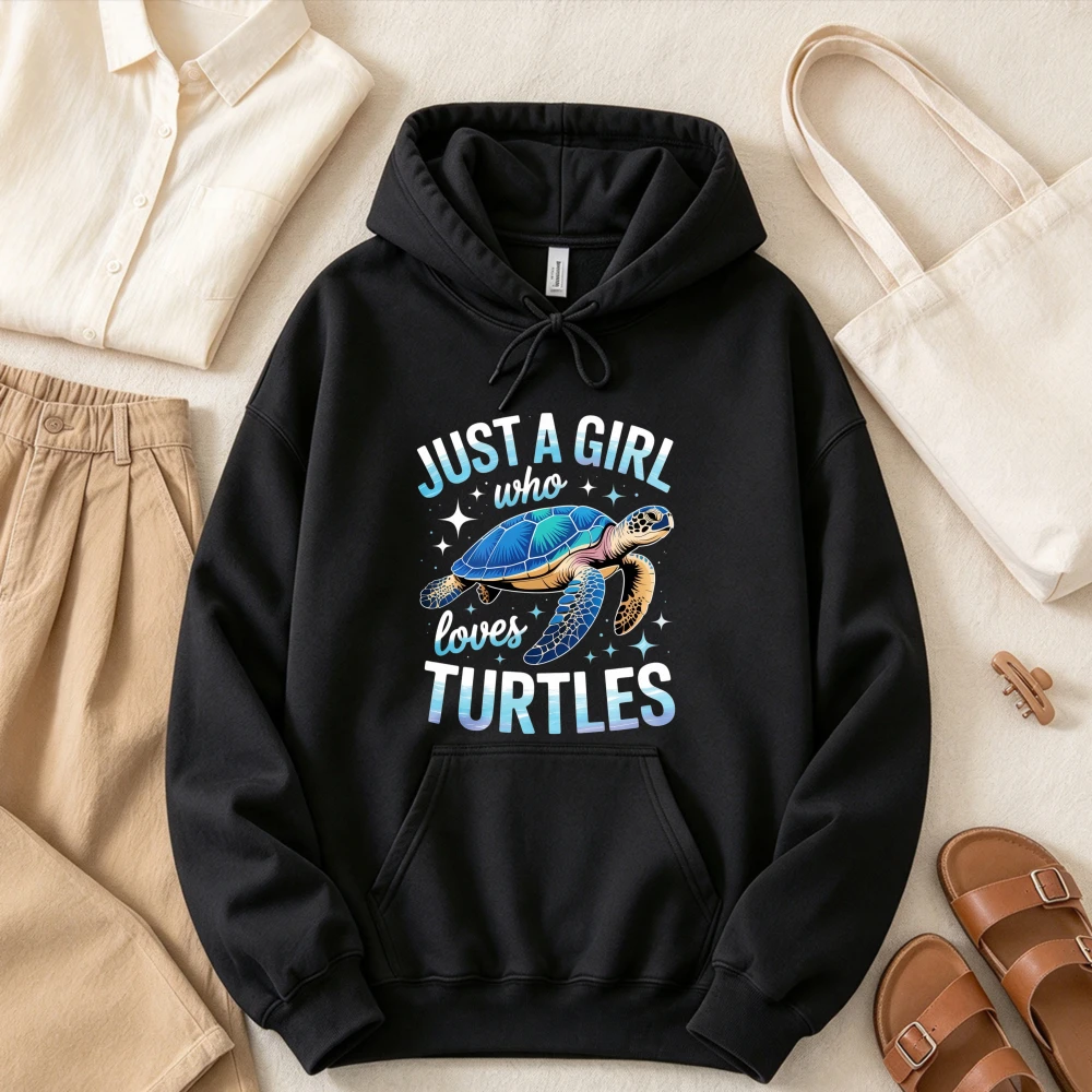 Just A Girl Who Loves Turtles Graphic Hooded Sweatshirt Sea Turtle Ocean Animal Print Pullover Long Sleeve Casual Tops for Women