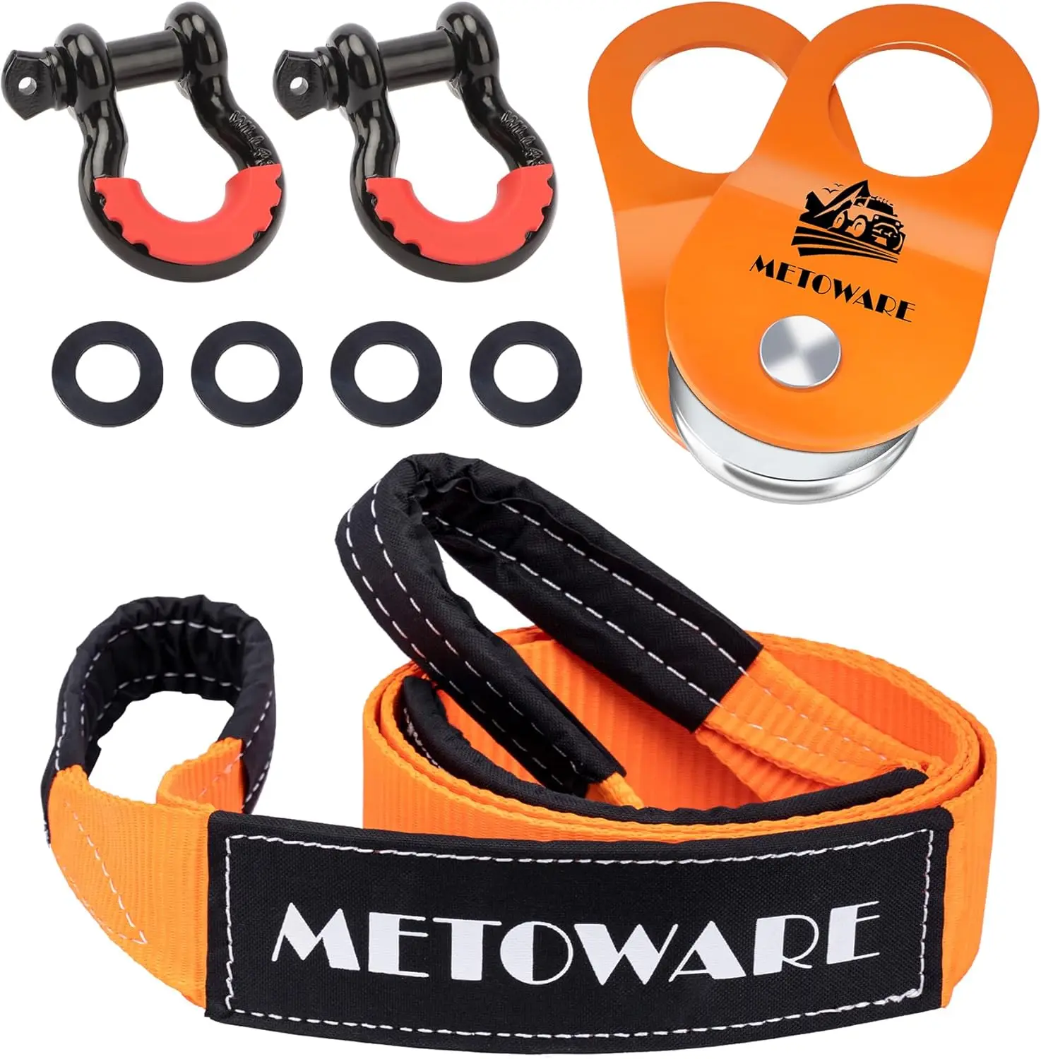 

Heavy Duty Winch Snatch Block Pulley 10 Ton, Tree Saver Strap 3"x8', 2 Pack D Ring Shackles 3/4"