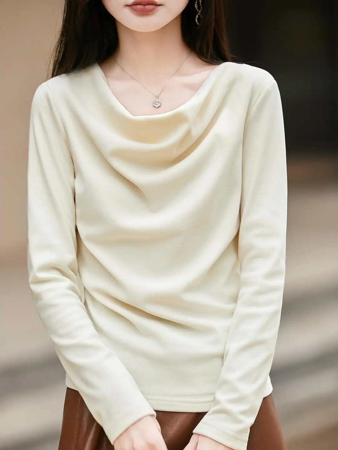 Elegant Autumn Winter Long Sleeve T-Shirt Pure Color Double-sided Velvet Base Shirt Atmosphere Sensation High-End Feeling