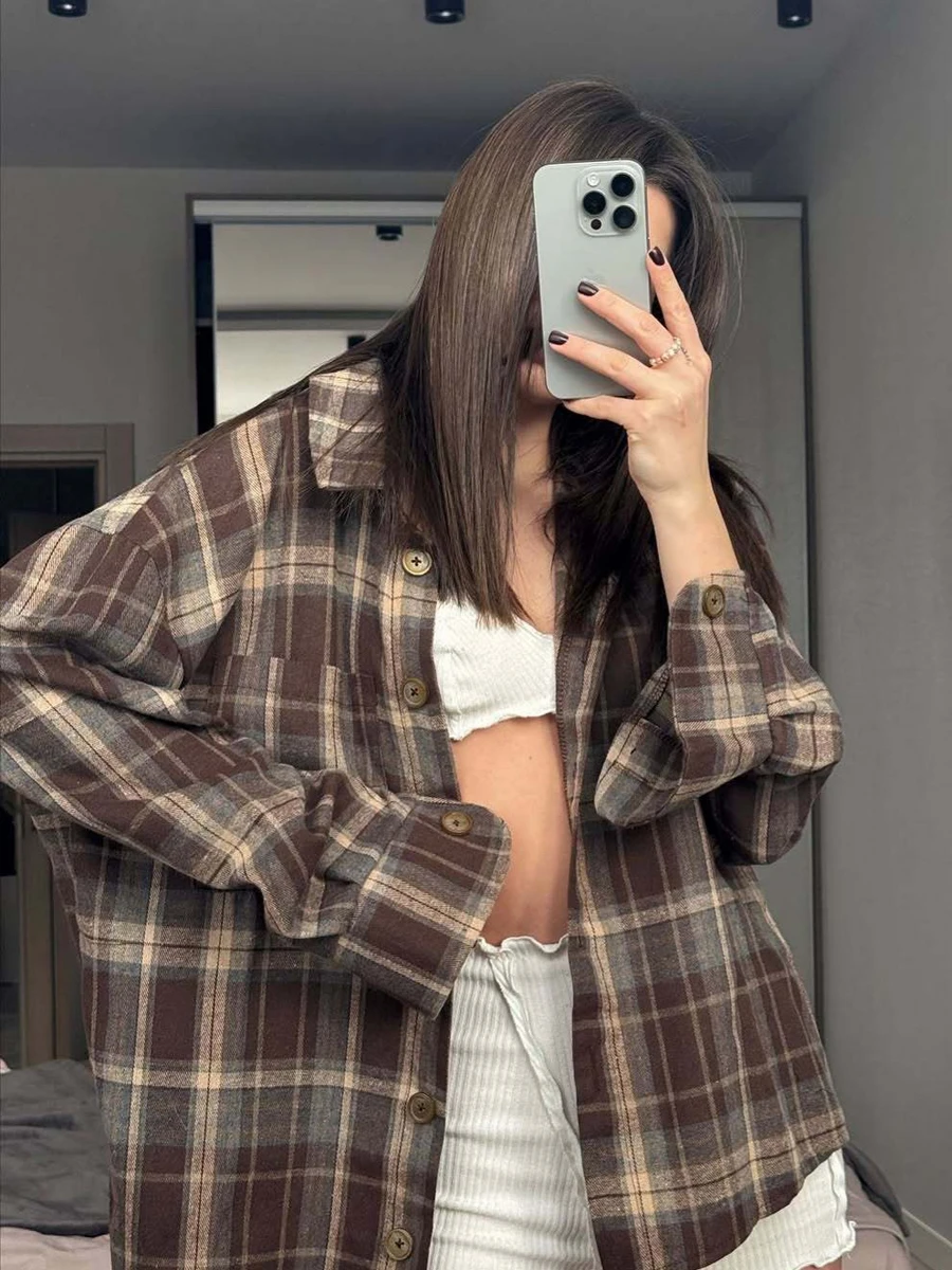 

Vintage Women Plaid Blouse Autumn Casual Long Sleeve Shirt Top Lapel Single Breasted T-Shirts Streetwear Female Loose Shirt