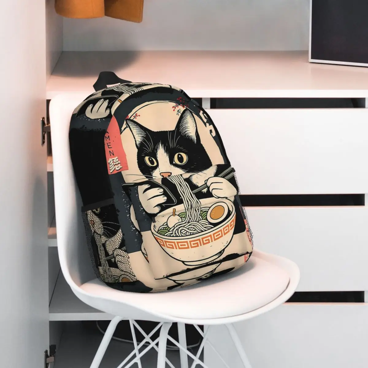 Japanese Cat Eating Ramen Backpack Student BookBag Kids School Bag Computer Shoulder Bags for Boys Girls