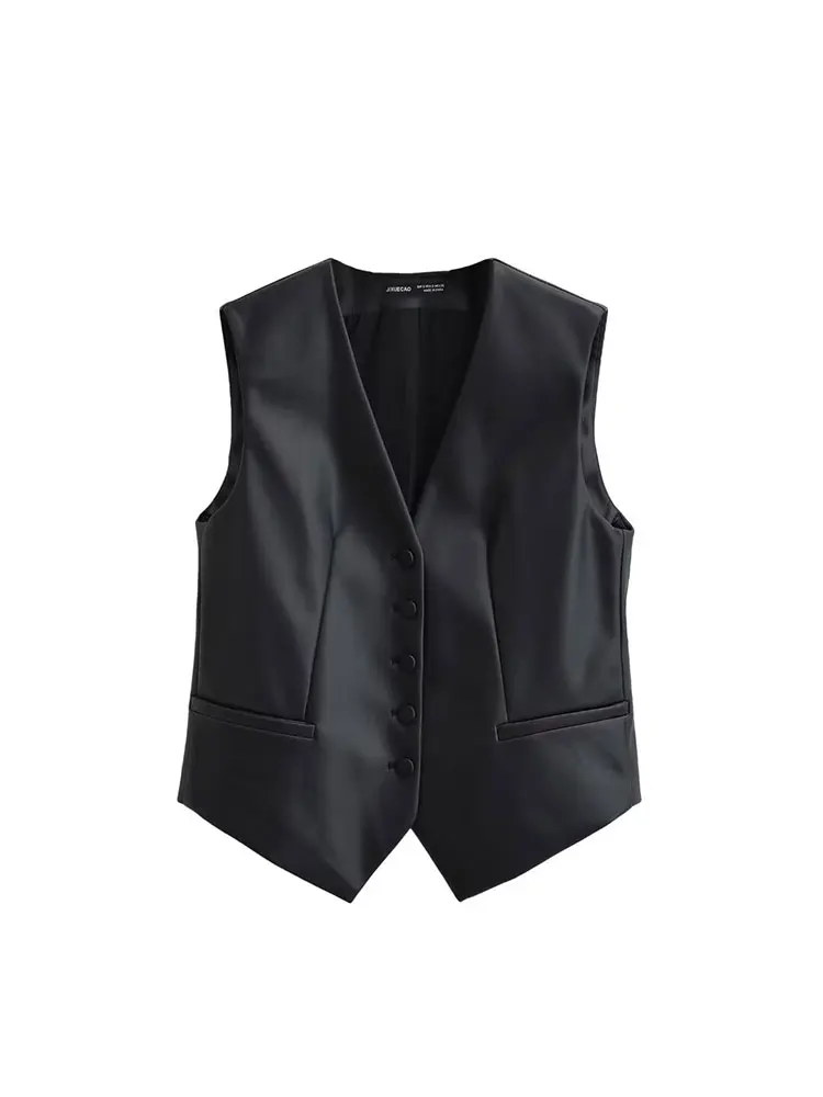 Tinsonan V-Neck Sleeveless Single Breasted With Pockets Vest Faux Leather Women Casual Waistcoat