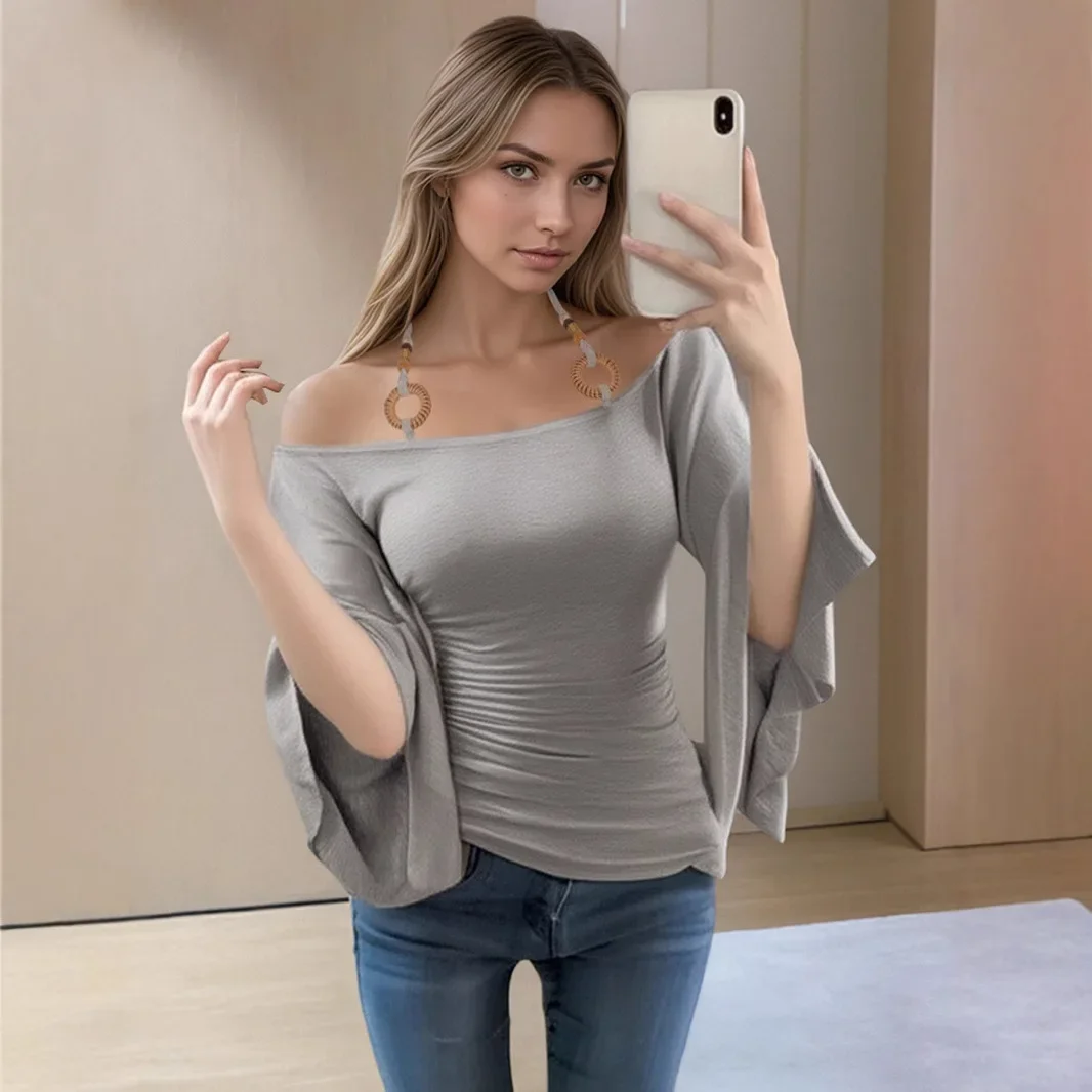 

Серая футболка с открытыми плечами для женщин, сексуальные тонкие топы с лямкой на шее, летняя модная расклешенная футболка с коротким рукавом, повседневная однотонная женская футболка 2025
