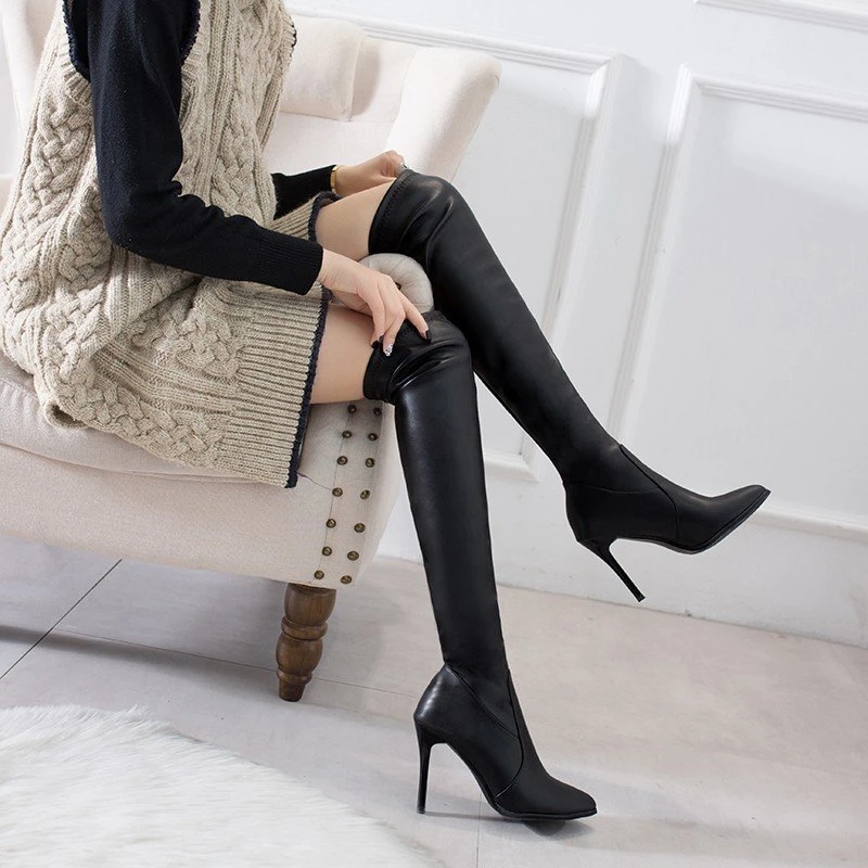Boots Women High Heel Over Knee Boots Winter New Style Pointed Head Personality Fine Heel Side Zipper Women\'s Boots Large Size