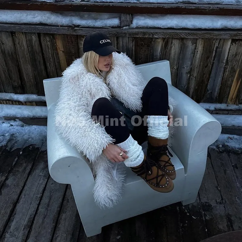 Neo Mint Winter 2025 Trend Burgundy Obsession Long Faux Mongolia Sheep Fur Jacket Coat Women Chic Lapel Collar Fluffy Overcoat