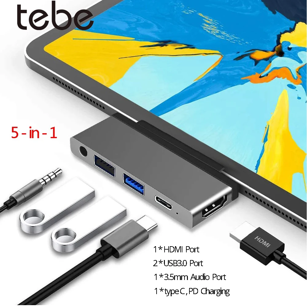 

Tebe USB C Hub for iPad Pro 2018 2020 2021 5 IN 1 Type-c to 4K 30HZ HDMI-adapter 3.5mm Aux Audio USB 3.0 Hub Splitter