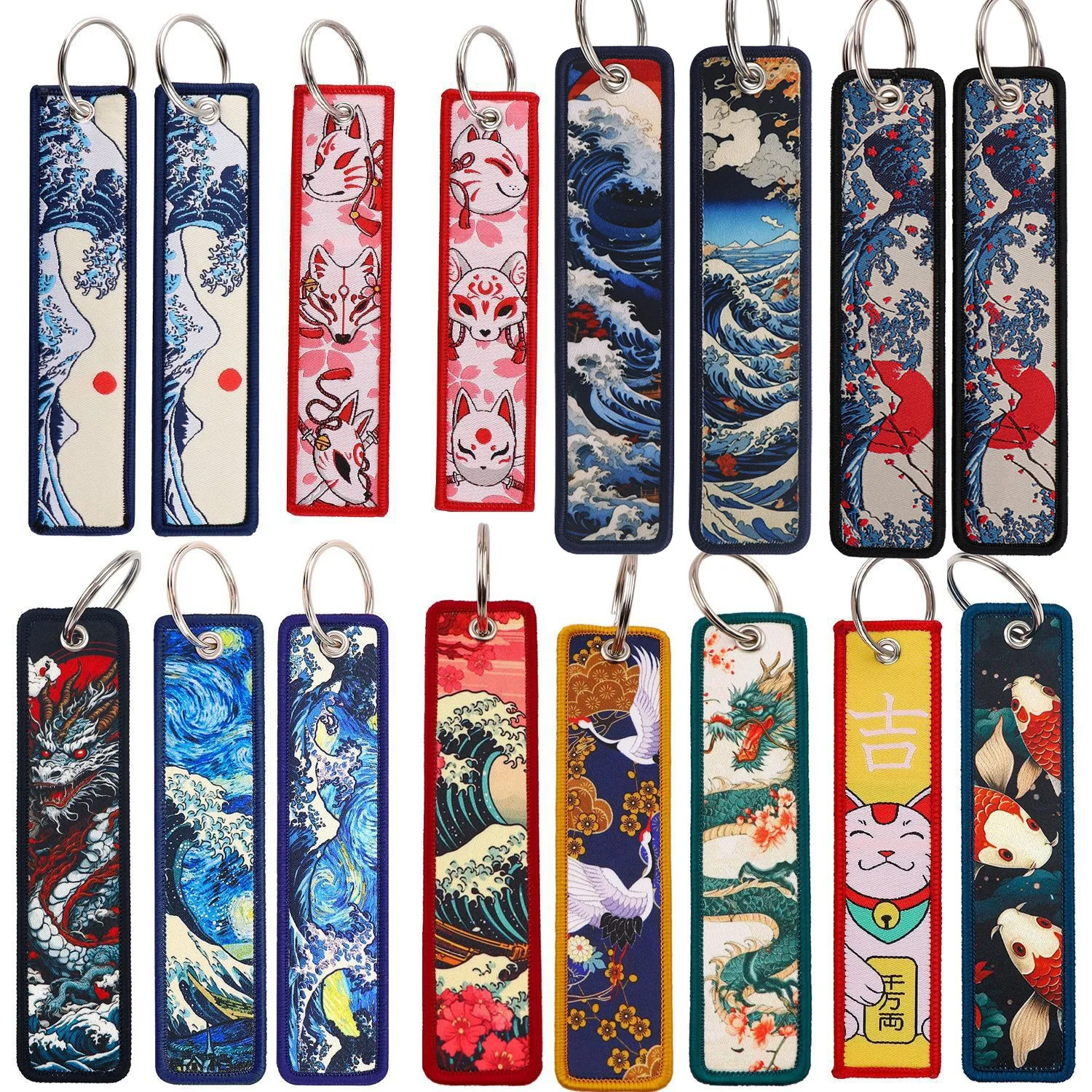 Japanese-Style Wave Woven Label Keychain, Koi Fish Pendant, Chinese-Style Crane, Student ID Card Pendant, Fabric Keychain